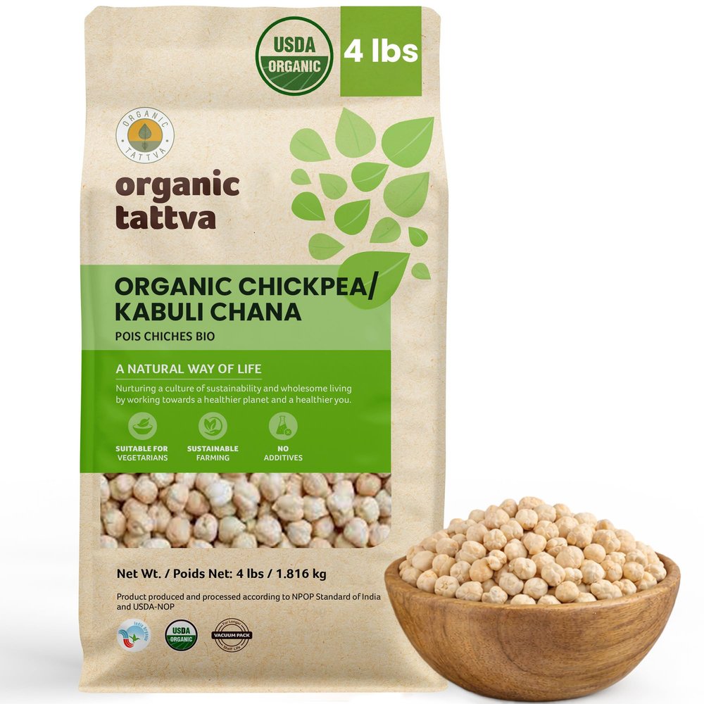 Organic Tattva Kabuli Chana Whole (4 lbs) - Indian Garbanzo Beans - Organic Chickpeas - Unpolished Chick Peas - Rich in Protein - Kosher - Gluten Free - USDA Certified