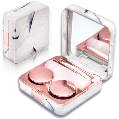 Vastsoon Contact Lens Case, Portable Cute Eye Contacts Colored Lenses Applicator Remover Tool Kit with Mirror Solution Bottle for Travel Daily Outdoor (Square, Rose Gold)