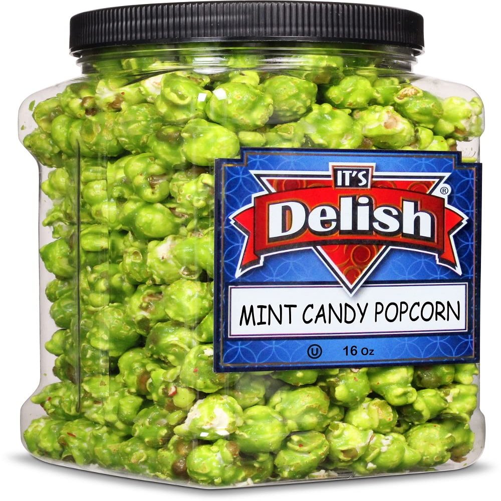 Green Mint Candy Popcorn by Its Delish, 16 Oz Jumbo Reusable Container, Festive Air Popped Sweet Crunchy Caramelized Popcorn - Refreshing Snack for Desserts, Parties, Candy Buffet Vegan, Kosher