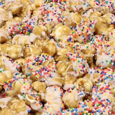 Gourmet Caramel Party Popcorn by Its Delish, 5 lbs Bulk Bag Birthday Cake Candy Popcorn with Rainbow Nonpareils, Festive Air-Popped Sweet Snack, Vegan, Kosher