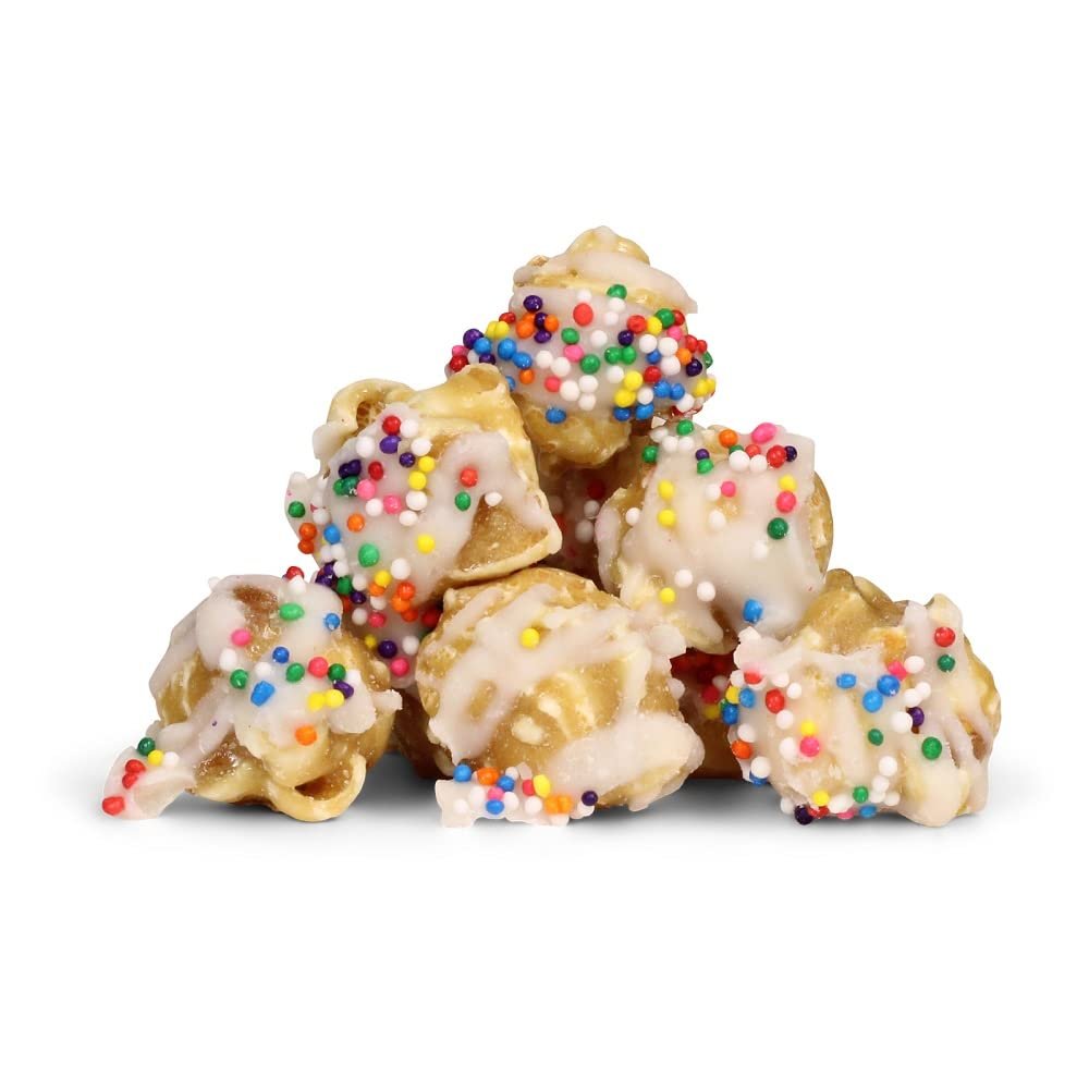 Gourmet Caramel Party Popcorn by Its Delish, 8 Oz Bulk Bag  Birthday Cake Candy Popcorn with Rainbow Nonpareils, Festive Air-Popped Sweet Snack, Vegan, Kosher