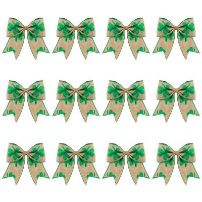 12 Pcs St. Patrick's Day Wreath Bow St. Patrick's Day Shamrock Bow Decorations Irish Tree Topper Shamrock Decorations St. Patrick's Day Craft Ribbon Supplies (Burlap Color, Green, 5.91 x 5.91 Inch)