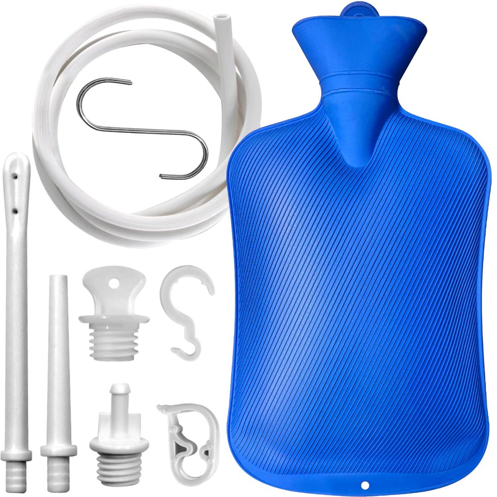 Enema Bag 2L Home Enema Kit with 2 Enema Tips,60 inch Long Silicone Hose, Controlable Water Flow Valve, Hot-Water Bottle for Colon Cleansing Enemas for Women/MenBlue
