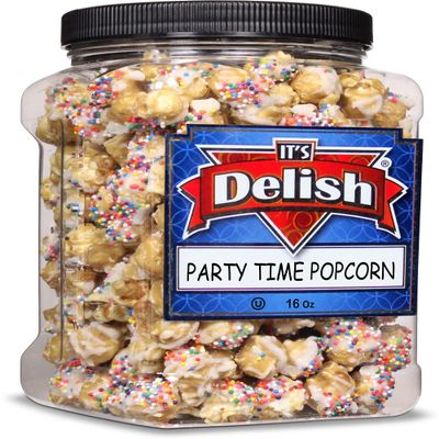 Gourmet Caramel Party Time Popcorn by Its Delish, 16 Oz Jumbo Container - Birthday Cake themed Candy Popcorn with Rainbow Nonpareils - Festive Chocolate Air Popped Sweet Crunchy Popcorn, Vegan, Kosher