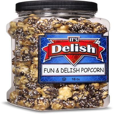 Fun & Delish Caramel Chocolate Popcorn by Its Delish, 16 Oz Jumbo Container - Festive Caramel and Chocolate Sweet Crunchy Popcorn Topped with Sprinkles of White Nonpareils - Air popped, Vegan, Kosher
