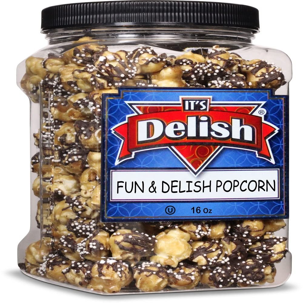 Fun & Delish Caramel Chocolate Popcorn by Its Delish, 16 Oz Jumbo Container - Festive Caramel and Chocolate Sweet Crunchy Popcorn Topped with Sprinkles of White Nonpareils - Air popped, Vegan, Kosher