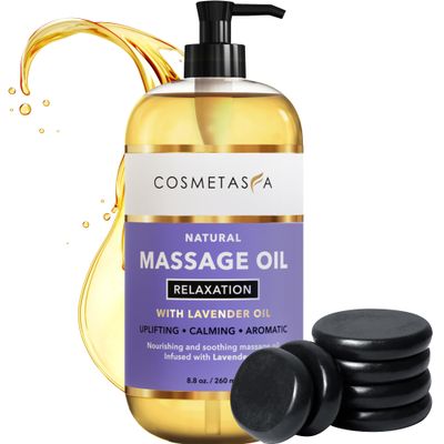 Cosmetasa Lavender Massage Oil for Massage Therapy with Hot Stones Natural, Cruelty-Free & Spa Quality Skin Therapy Oil & Soothing Care Lavender, Geranium & Grapeseed Oil (8.8 oz)