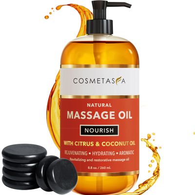 Natural Nourishing Massage Oil with Massage Hot Stones - Therapeutic Citrus & Coconut Massage Oils, Hydrating & Aromatic Essential Oils for Dry Skin, Soothes Muscle & Joints 8.8 oz