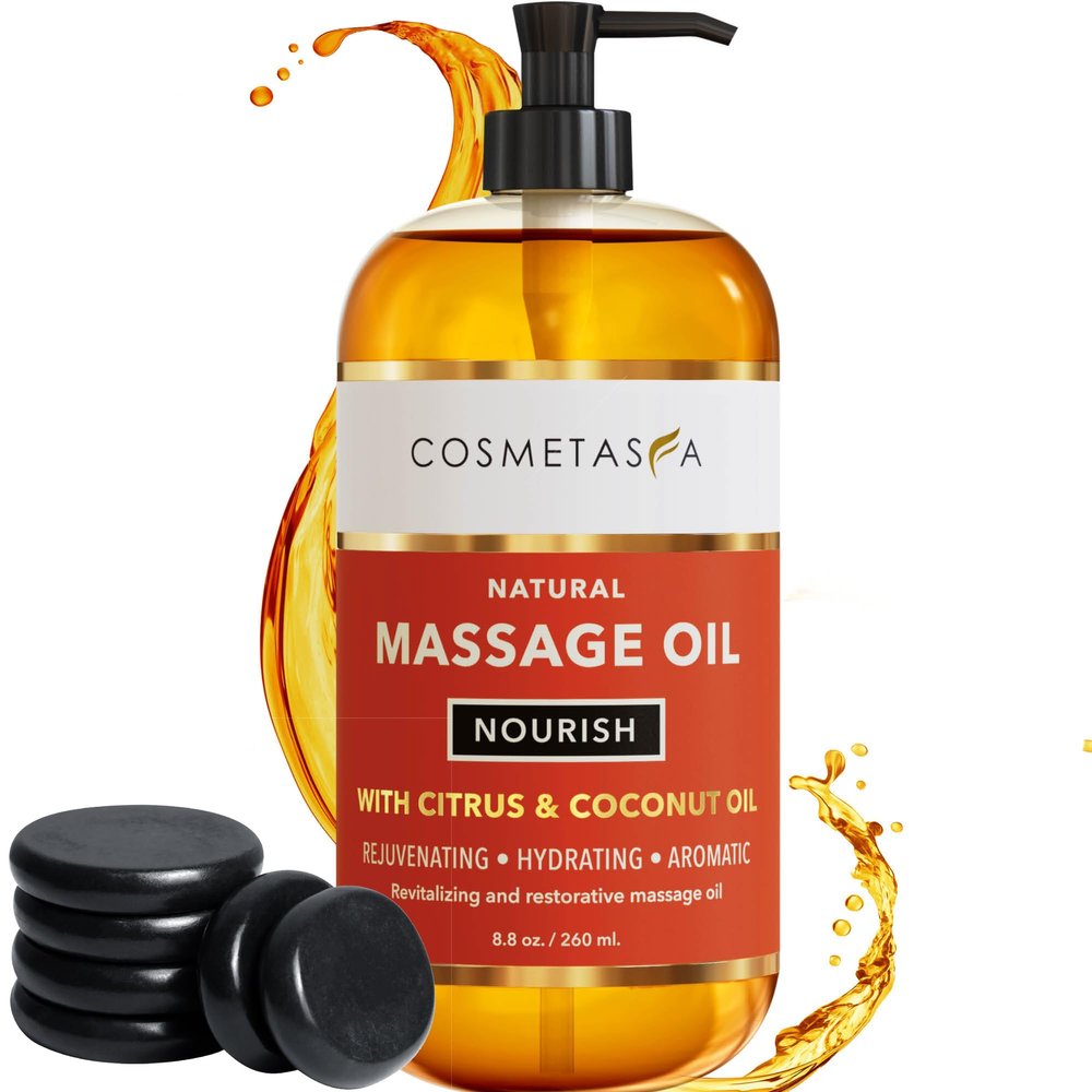 Natural Nourishing Massage Oil with Massage Hot Stones - Therapeutic Citrus & Coconut Massage Oils, Hydrating & Aromatic Essential Oils for Dry Skin, Soothes Muscle & Joints 8.8 oz