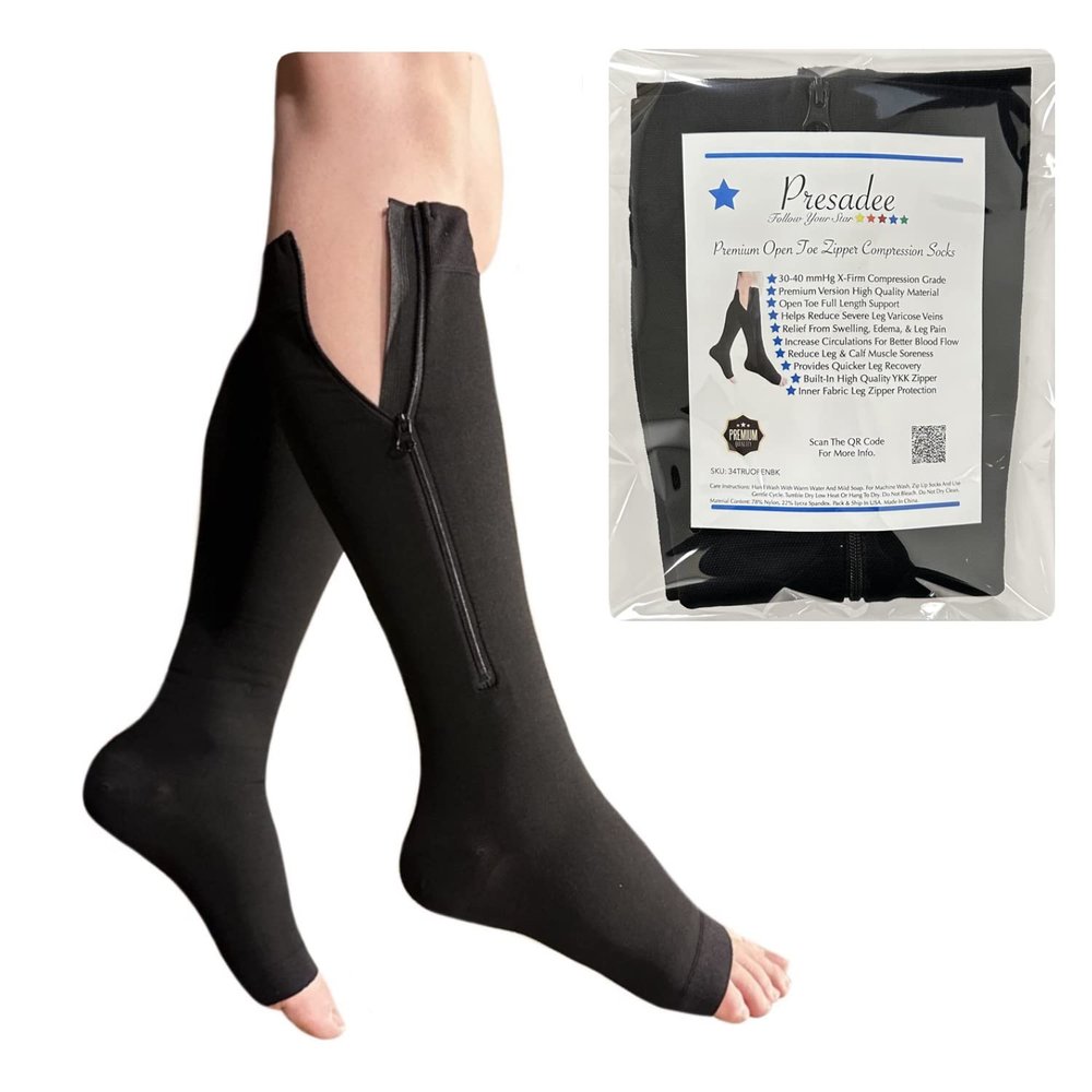 Presadee 30-40 mmHg Extra Firm Zipper Compression Leg Swelling Open Toe Socks (Black, 0)