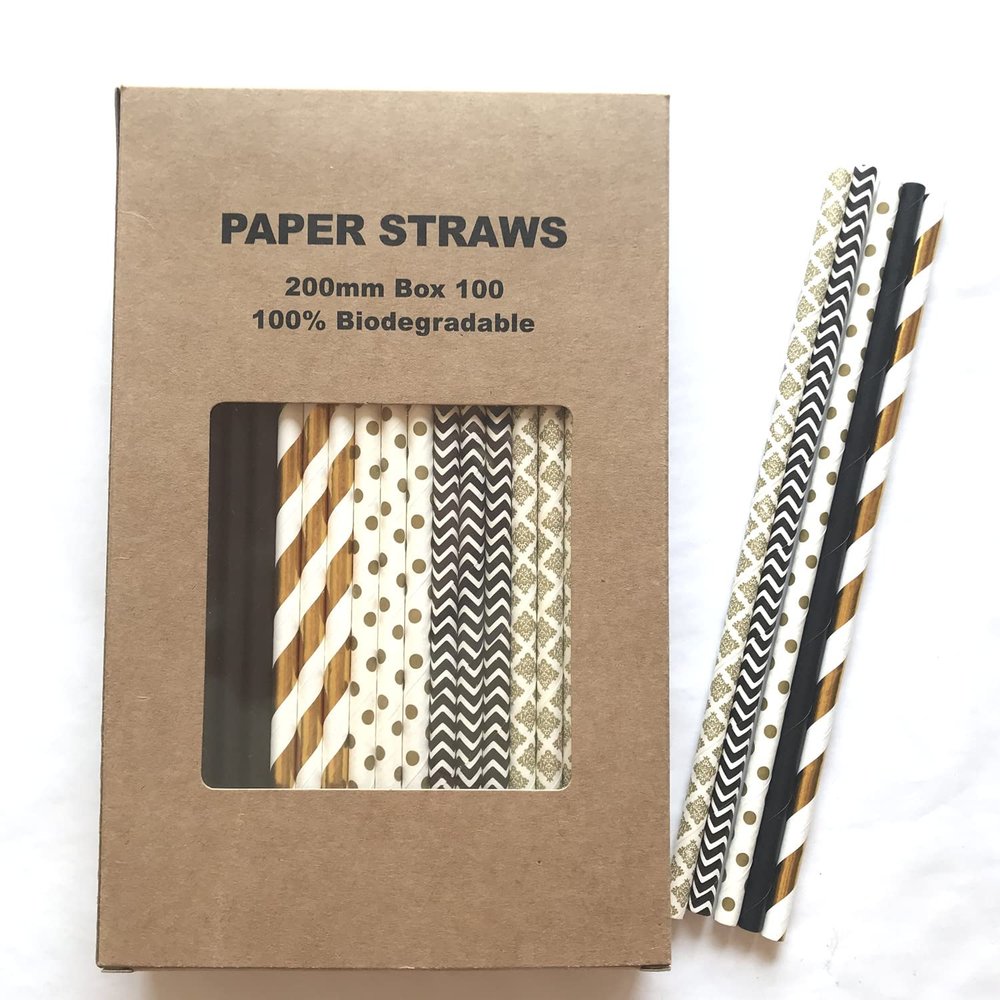 100 pcs Mixed Party Paper Straws Bulk, Blue Pink Gold Mint Black Red Lilac Drinking Straws, Birthday Baby Bridal Shower Wedding Christmas New Year Cake Pop Sticks (Happy New Year)