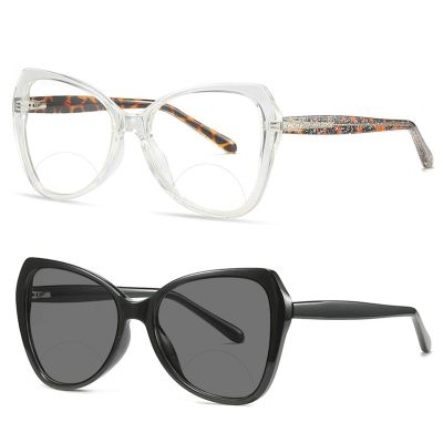 2pcs Transition Photochromic Bifocal Reading Glasses For Women oversized Cat Eye Readers Sunglasses (2pcs-black&white, 3, multiplier_x)