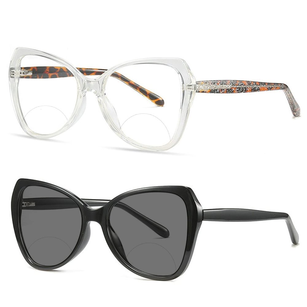 2pcs Transition Photochromic Bifocal Reading Glasses For Women oversized Cat Eye Readers Sunglasses (2pcs-black&white, 2.5, multiplier_x)