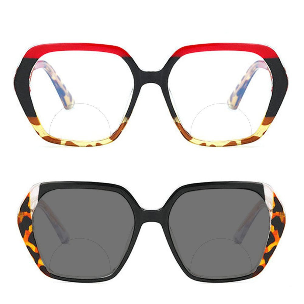 2pcs Photochromic Cat Eye Bifocal Reading Glasses for Women Fashion rainbow Computer Magnifier Presbyopia Readers (2pcs-black&red, 0, multiplier_x)