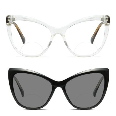 2pcs women oversized cat eye frame Transition Photochromic Bifocal Reading Glasses Stylish Lightweight FashionEyeglasses (2PCS-black&white, 1.25, multiplier_x)
