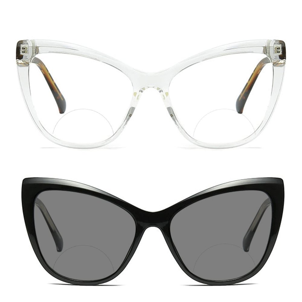 2pcs women oversized cat eye frame Transition Photochromic Bifocal Reading Glasses Stylish Lightweight FashionEyeglasses (2PCS-black&white, 1.25, multiplier_x)