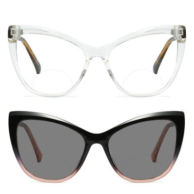2pcs women oversized cat eye frame Transition Photochromic Bifocal Reading Glasses Stylish Lightweight FashionEyeglasses (2PCS-black pink&white, 1.75, multiplier_x)