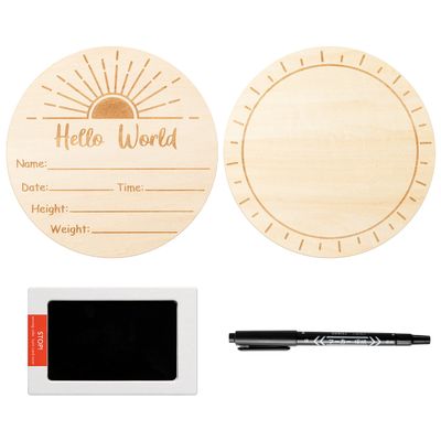 R HORSE Baby Birth Announcement Sign with Marker Pen, Boho Sun Baby Name Sign with Ink Pad for Hand and Footprints, Wooden Hello World Newborn Announcement Nursery Decor Keepsake Gifts