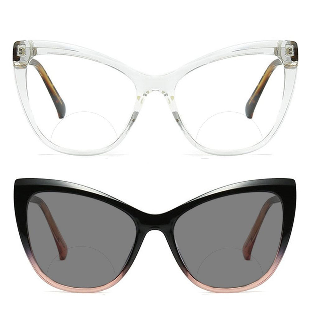 2pcs women oversized cat eye frame Transition Photochromic Bifocal Reading Glasses Stylish Lightweight FashionEyeglasses (2PCS-black pink&white, 3, multiplier_x)