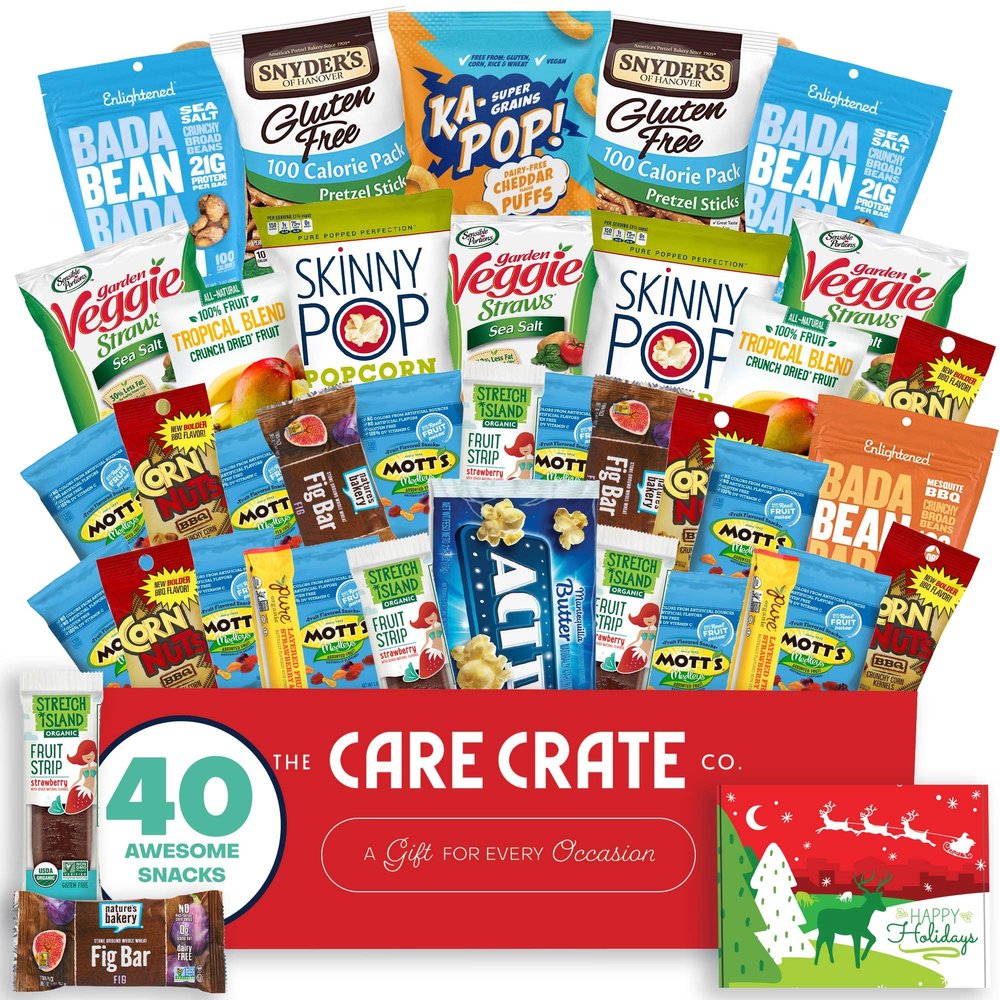 Christmas Allergy Friendly Snack Box (40 Variety Gluten Free, Dairy Free, Vegan Gift Basket Care Package) Popcorn, Pretzels, Fruit Strips, Fig Bar & More - The Care Crate Co.