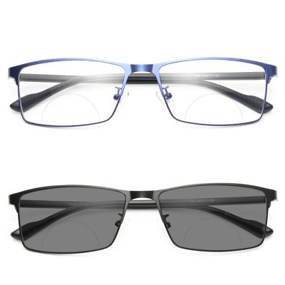 2pcs Men's square frame Business Bifocal Transition Photochromic Reading Glasses UV400 driving Sun Reader sunglasses (2PCS-black&blue, 4, multiplier_x)