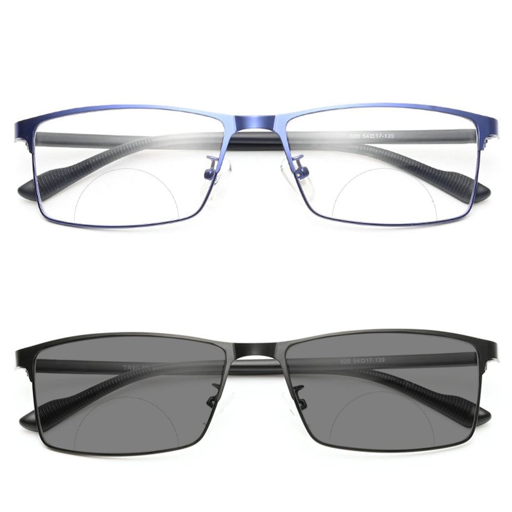 2pcs Men's square frame Business Bifocal Transition Photochromic Reading Glasses UV400 driving Sun Reader sunglasses (2PCS-black&blue, 4, multiplier_x)
