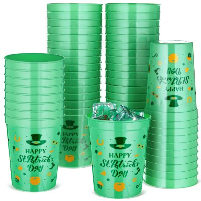 Meanplan 50 Pcs St Patrick's Day Party Cups Bulk Happy St Patrick's Day Plastic Cups Shamrock Disposable Cups Green Lucky Drinking Cups for Beer Beverage Ice Cream Party Supplies (16 oz)
