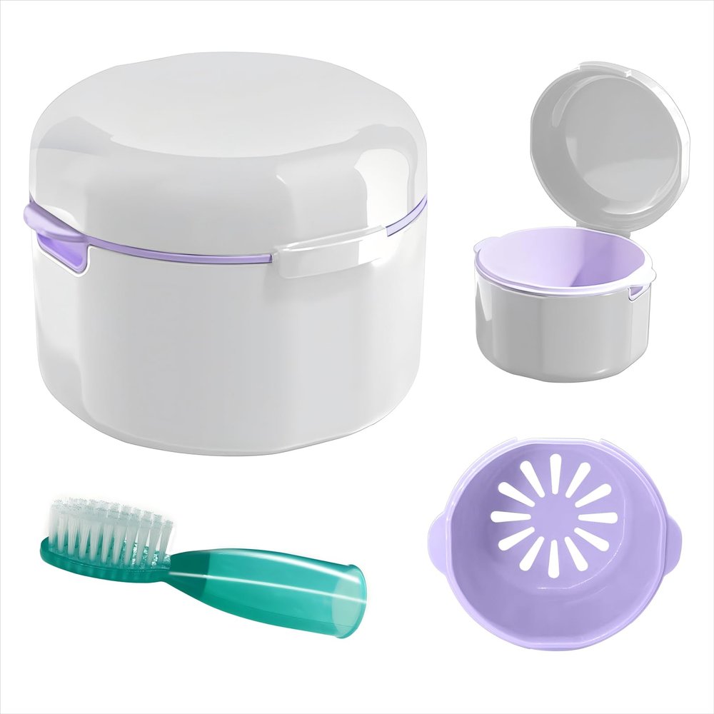 DIDATOOL Denture Case, Denture Bath, Denture Cups for Soaking Dentures, Denture Brush with Case, Denture Bath with Rinsing Basket, Easy to Carry and Clean Retainer Case Denture Cleaning kit
