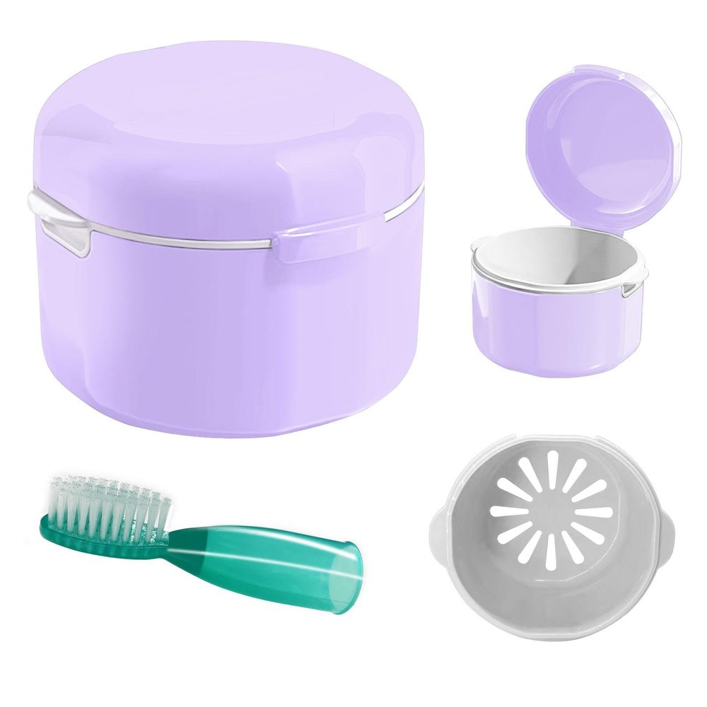 DIDATOOL Denture Case, Denture Bath, Denture Cups for Soaking Dentures, Denture Brush with Case, Denture Bath with Rinsing Basket, Easy to Carry and Clean Retainer Case Denture Cleaning kit