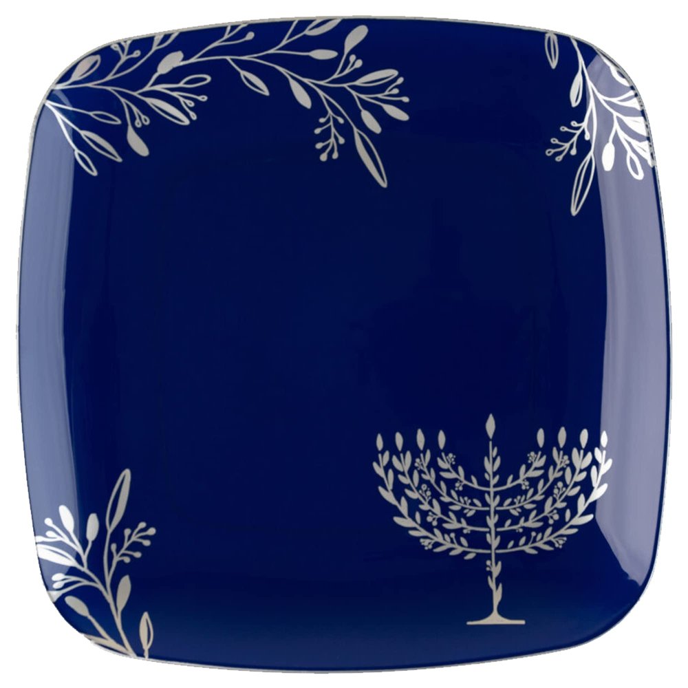 10" inch Square Plastic Plates Heavy Duty Plastic Hanukkah Dinner Plates with Blue Silver Chanukah Design Hanukkah Party Disposable Entree Plate China Like Blue Charger Plate Chanuka (90 PACK)