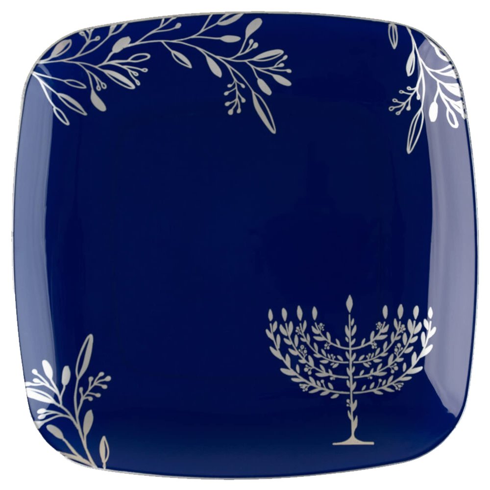 10" inch Square Plastic Plates Heavy Duty Plastic Hanukkah Dinner Plates with Blue Silver Chanukah Design Hanukkah Party Disposable Entree Plate China Like Blue Charger Plate Chanuka (30 PACK)