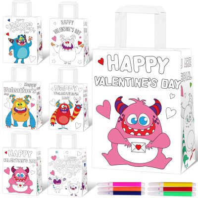 12 Packs Valentine's Day Paper Coloring Bags with Handle Color You Own Valentine Monster DIY Candy bag ,Craft Goody Bag for Kids Party Favor, Classroom Gift Exchange Goody Bags for Gift Wrapping