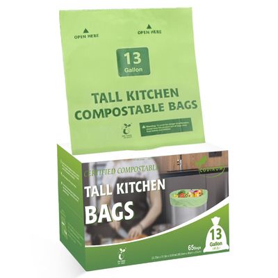 100% Compostable Trash Bags, 13 Gallon, 49.2 Liter, 0.91 Mils, 65 Count Kitchen Tall Food Scrap Compost Bags for Tall Kitchen Trash Cans with Europe EN13432 Certified