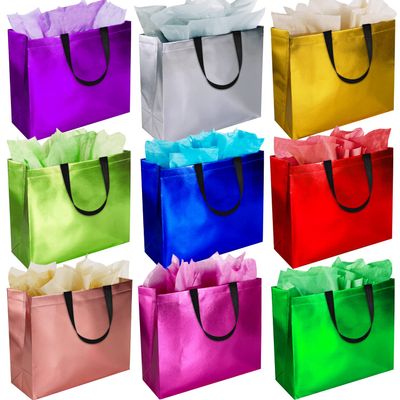 BLEWINDZ 18Pcs Large Gift Bags with Tissues for Presents - 13'' Reusable Non-Woven Gift Goodie Bags with Metallic Shiny - Party Favor Bag Tote Bag for Wedding, Birthday, Christmas