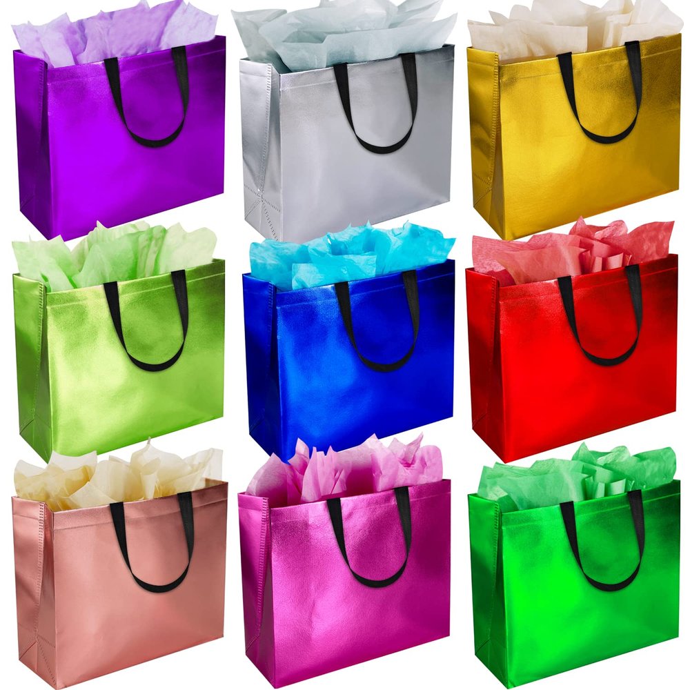 BLEWINDZ 18Pcs Large Gift Bags with Tissues for Presents - 13'' Reusable Non-Woven Gift Goodie Bags with Metallic Shiny - Party Favor Bag Tote Bag for Wedding, Birthday, Christmas