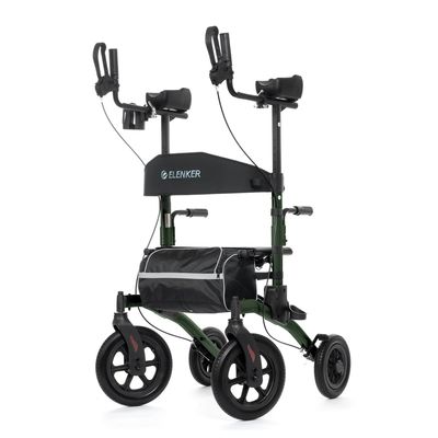 ELENKER All-Terrain Upright Rollator Walker, Stand up Rolling Walker with Seat, 12 Non-Pneumatic Tire Wheels, Compact Folding Design for Seniors, Green