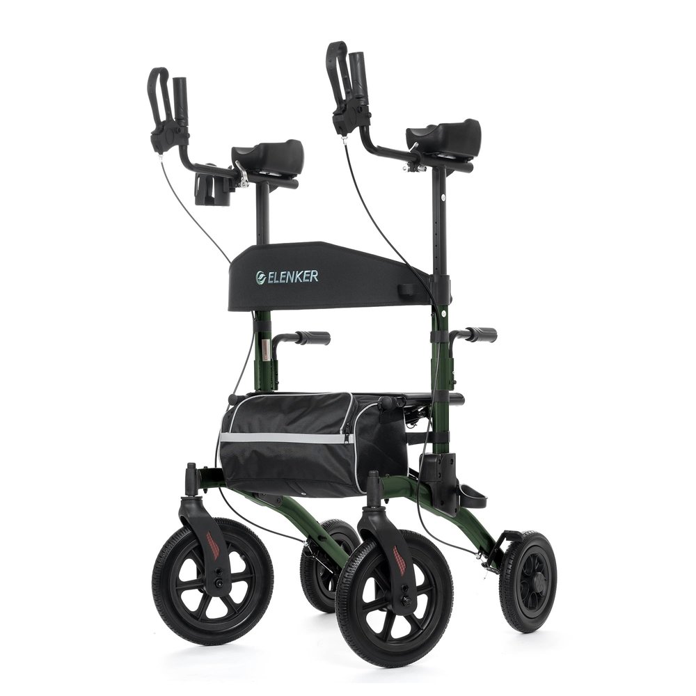 ELENKER All-Terrain Upright Rollator Walker, Stand up Rolling Walker with Seat, 12 Non-Pneumatic Tire Wheels, Compact Folding Design for Seniors, Green