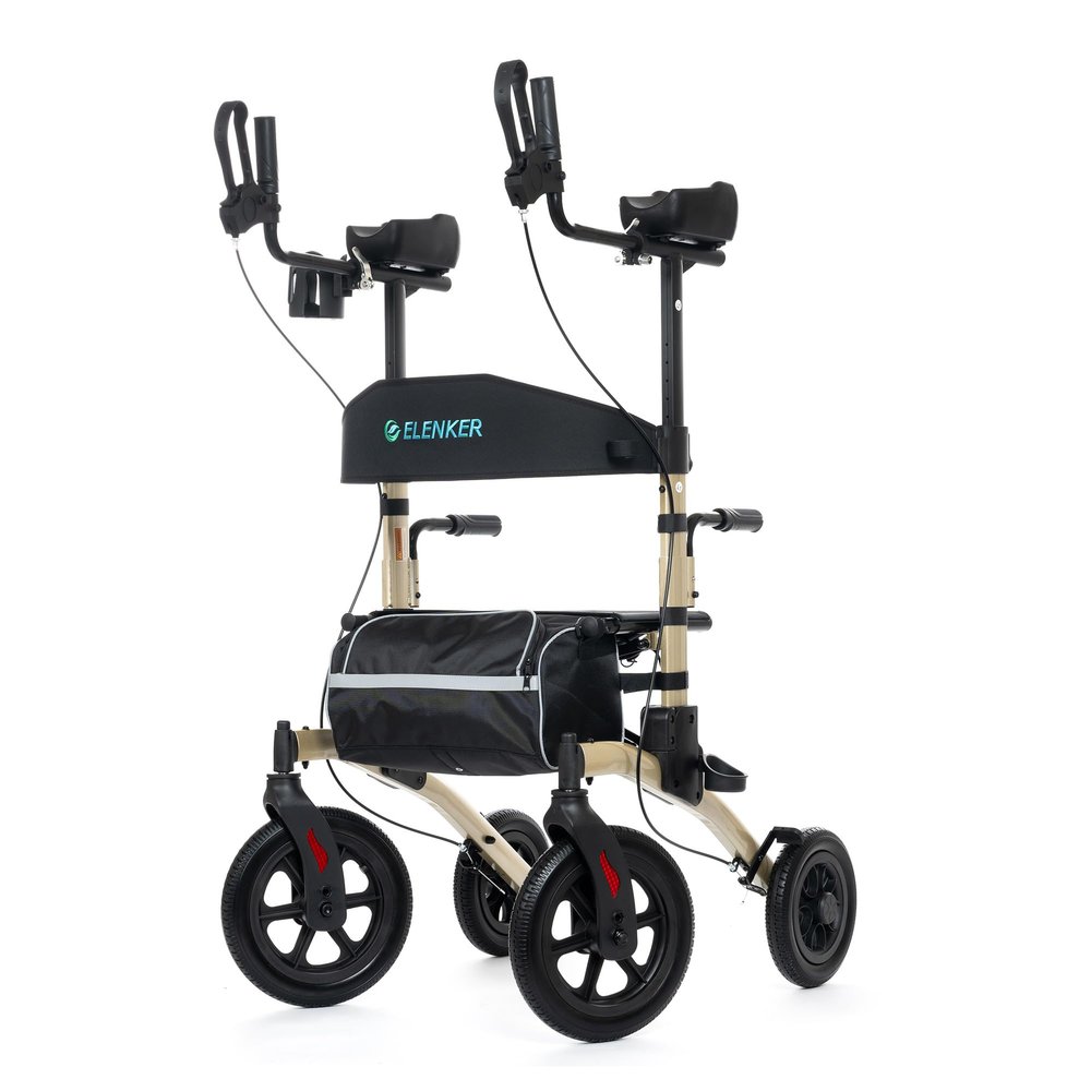 ELENKER All-Terrain Upright Rollator Walker, Stand up Rolling Walker with Seat, 12 Non-Pneumatic Tire Wheels, Compact Folding Design for Seniors, Champagne