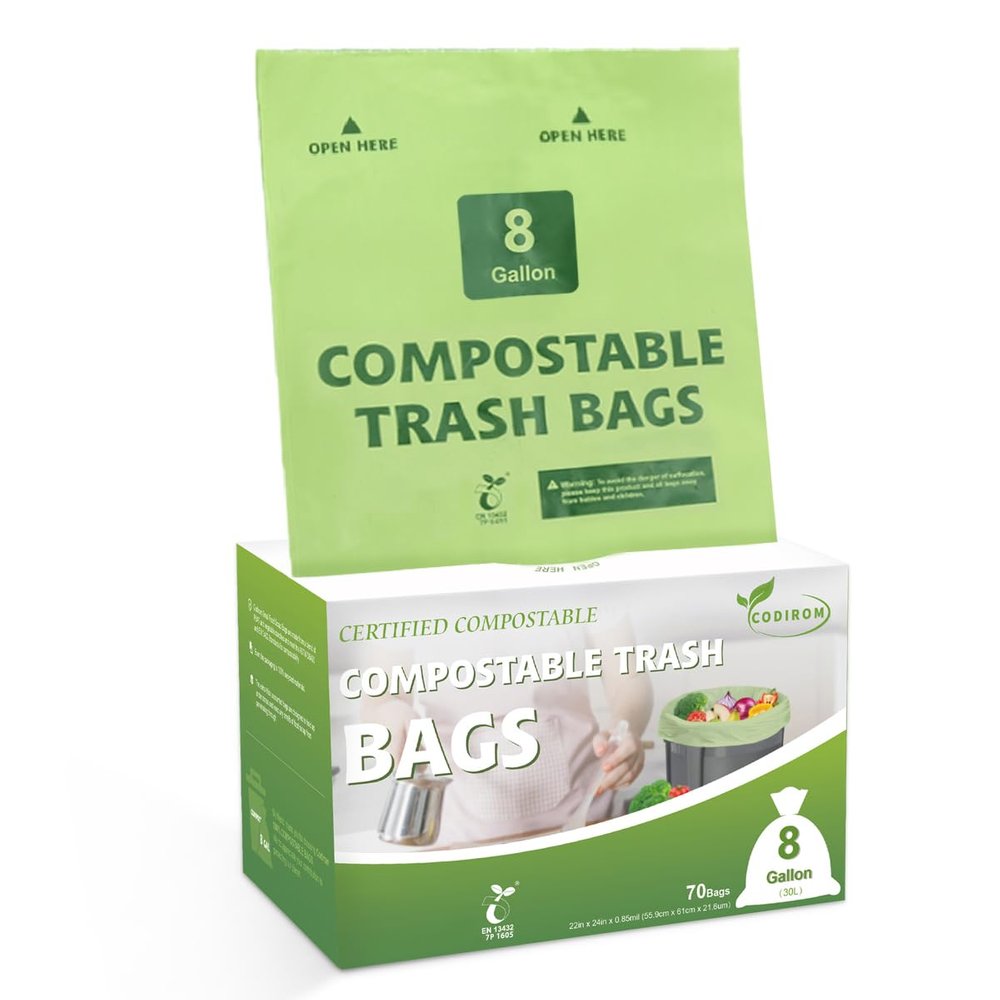 100% Compostable Trash Bags, 8 Gallon, 30 Liter, 0.85 Mils, 70 Count Large Kitchen Food Scrap Compost Bags for Kitchen Step Trash Cans with Europe EN13432 Certified
