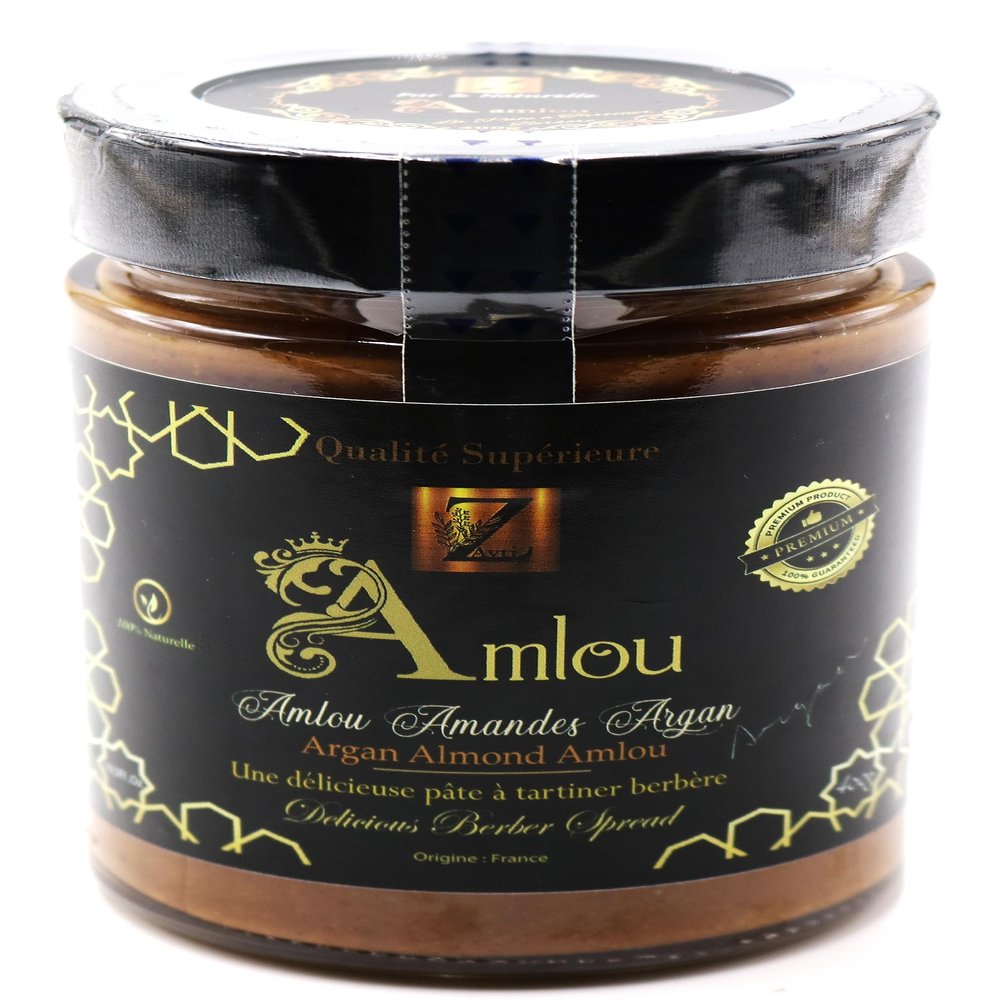 Amlou - Orange blossom honey and organic argan oil - 100% Pure & Natural Moroccan spread - 400g jar (Grilled Almonds)