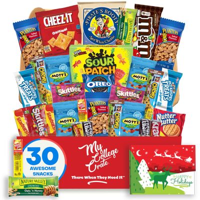 College Christmas Small Snack Box ( 31 Piece Variety Gift Basket Care Package ) Chips, Candy, Peanuts, Popcorn, Cookies, Gummy Snacks, Chocolates and More - My College Crate