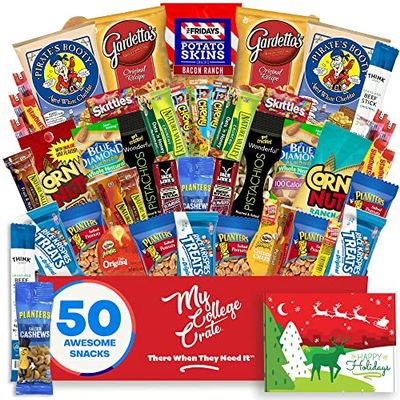 College Christmas Men's Hearty Snack Box ( 50 Piece Variety Gift Basket Care Package ) Jerky, Nuts, Chips, Pretzels, Variety Pack - My College Crate