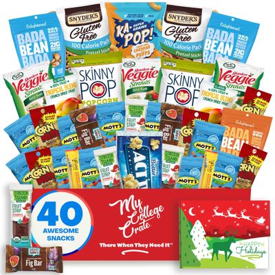 College Christmas Allergy Friendly Snack Box (40 Variety Gluten Free, Dairy Free, Vegan Gift Basket Care Package) Popcorn, Pretzels, Fruit Strips, Fig Bar & More - My College Crate