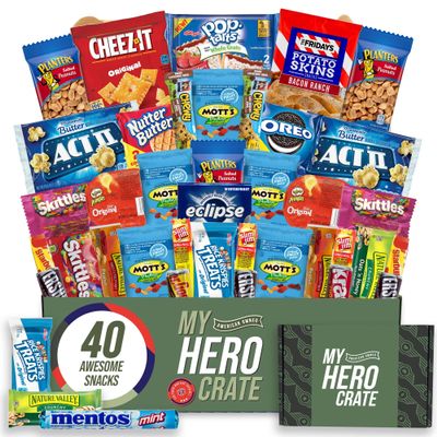 Military Snack Box (40 Piece Variety Gift Basket Care Package) Peanuts, Candy, Chips, Granola Bars & More - My Hero Crate