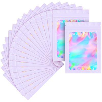 100 pack mylar bags holographic smell proof packaging bag for small bussiness resealable zipper sealable pouch bags sample, jewelry, lipgloss, food,soap,electronic supplies2.84 inch,purple