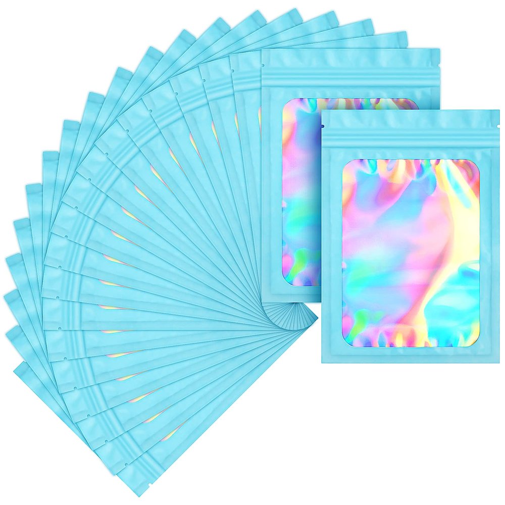 100 pack mylar bags holographic smell proof packaging bag for small bussiness resealable zipper sealable pouch bags sample, jewelry, lipgloss, food,soap,electronic supplies35 inch,blue
