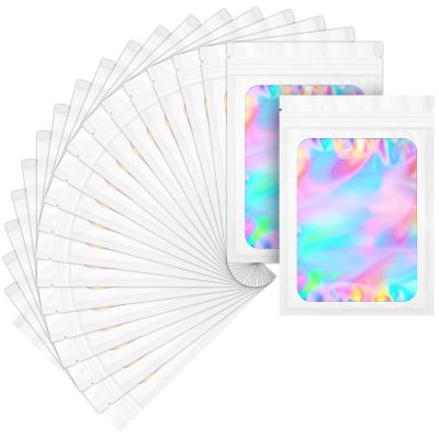 100 pack mylar bags holographic smell proof packaging bag for small bussiness resealable zipper sealable pouch bags sample, jewelry, lipgloss, food,soap,electronic supplies46 inch,white