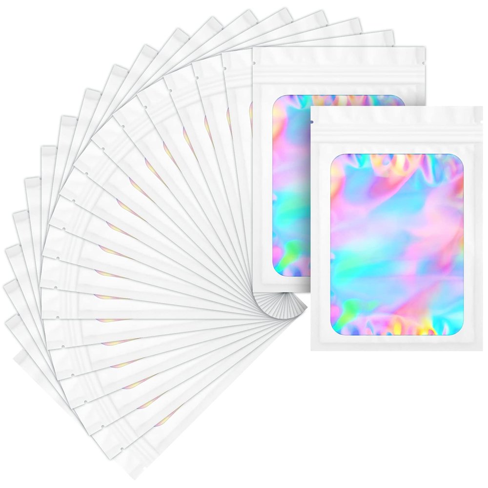 100 pack mylar bags holographic smell proof packaging bag for small bussiness resealable zipper sealable pouch bags sample, jewelry, lipgloss, food,soap,electronic supplies46 inch,white