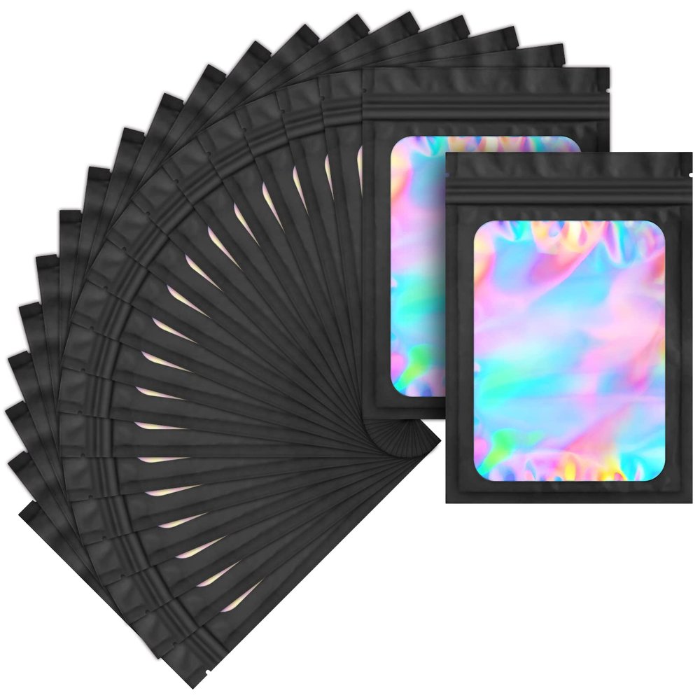 100 pack mylar bags holographic smell proof packaging bag for small bussiness resealable zipper sealable pouch bags sample, jewelry, lipgloss, food,soap,electronic supplies3.56.3 inch,black