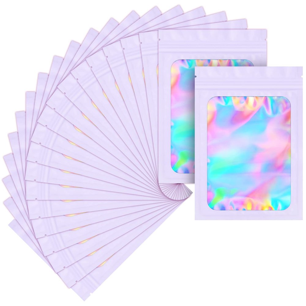 100 pack mylar bags holographic smell proof packaging bag for small bussiness resealable zipper sealable pouch bags sample, jewelry, lipgloss, food,soap,electronic supplies46 inch,purple